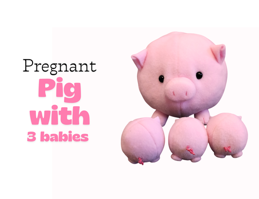Pig with 3 baby piggies, pregnant stuffed animal, soft toy